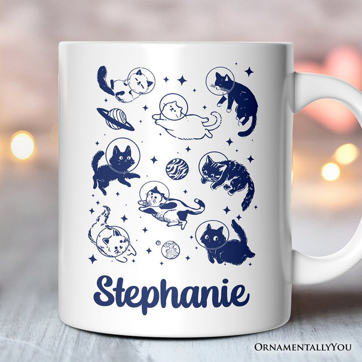 Cats in Space Retro Personalized Mug, Funny Astronaut Kitty Gift with Cosmic Vibes and Custom Name Personalized Ceramic Mug OrnamentallyYou White Customized 
