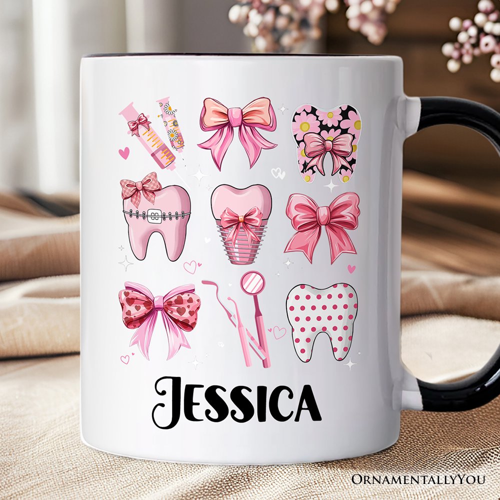 Dental Squad Coquette Personalized Mug, Pink Teeth Dentist Life Bow Gift with Custom Name Personalized Ceramic Mug OrnamentallyYou Black Handle Customized 