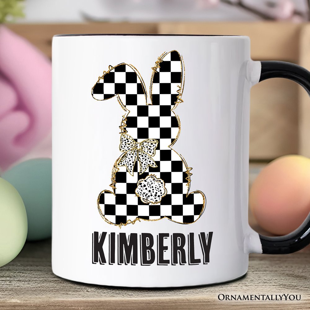 Checkered Easter Bunny Coquette Personalized Mug, Stylish Spring Gift with Custom Name Personalized Ceramic Mug OrnamentallyYou Black Handle Customized 