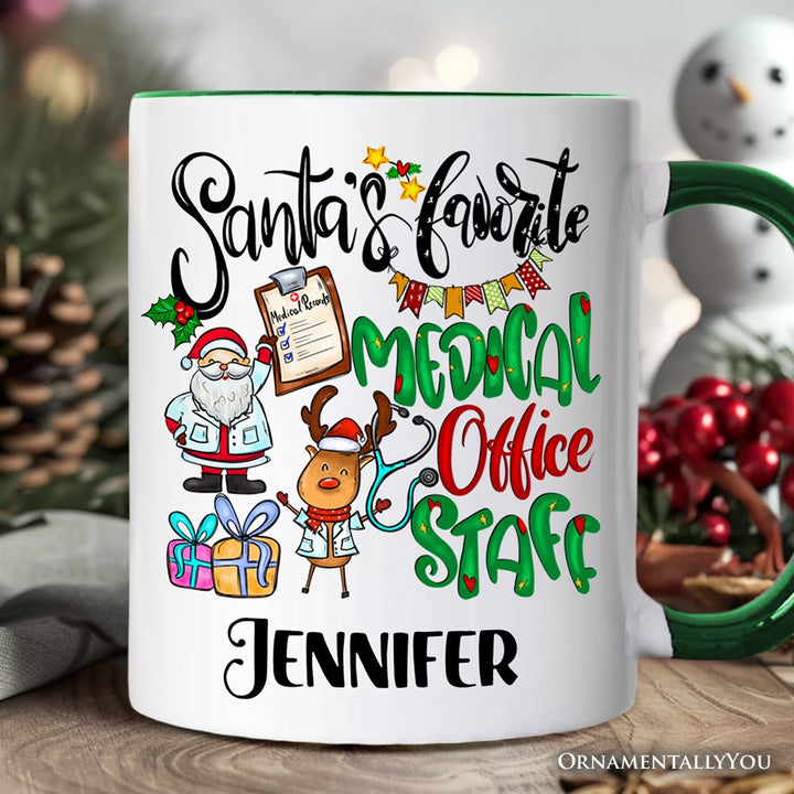 Santa's Favorite Medical Office Staff Personalized Mug, Christmas Appreciation Gift with Custom Name Personalized Ceramic Mug OrnamentallyYou Green Handle Customized 