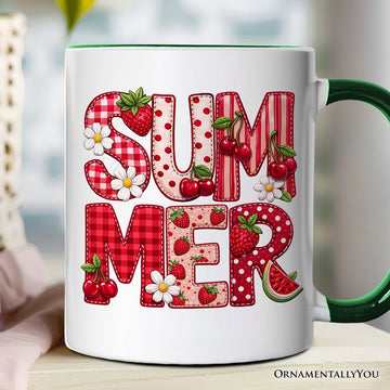 Strawberry Cherry Printed Faux Patchwork Mug, Summer Fruit Picnic Gift Personalized Ceramic Mug OrnamentallyYou Green Handle Non-Custom 