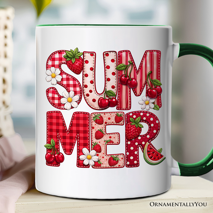 Strawberry Cherry Printed Faux Patchwork Mug, Summer Fruit Picnic Gift