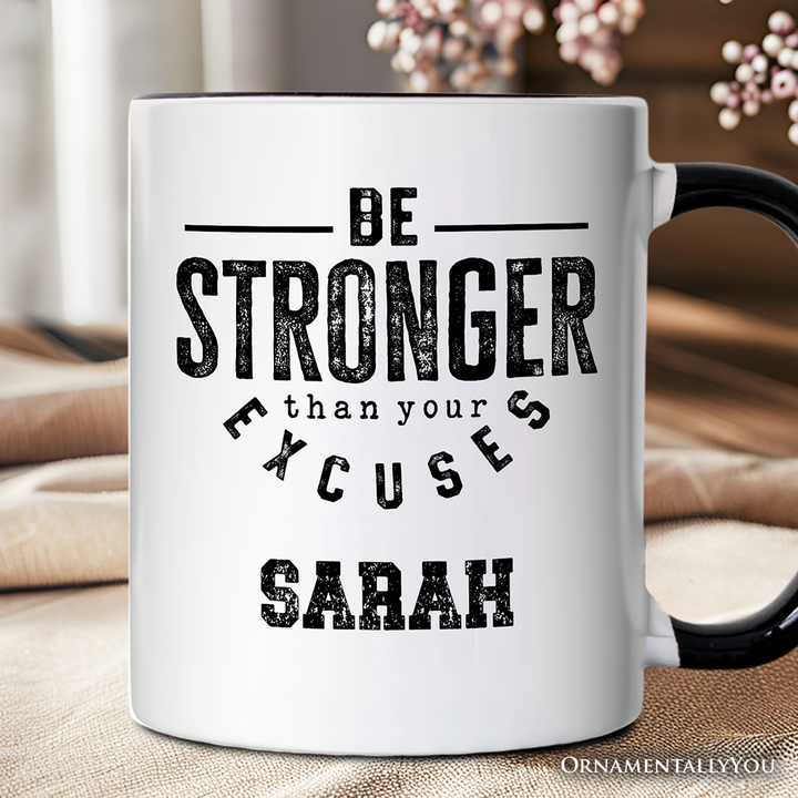 Be Stronger Than Your Excuses Personalized Mug, Motivational Gym Workout Fitness Gift with Custom Name
