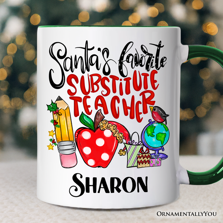 Santa's Favorite Substitute Teacher Personalized Mug, School Professor Christmas Gift with Custom Name