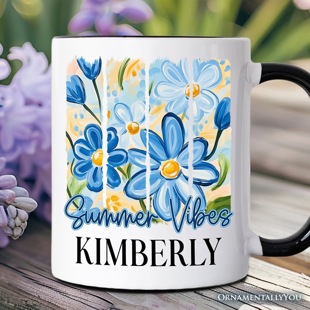 Summer Vibes Brushsroke Flowers Personalized Mug, Aesthetic Gift with Custom Name Personalized Ceramic Mug OrnamentallyYou Black Handle Customized 