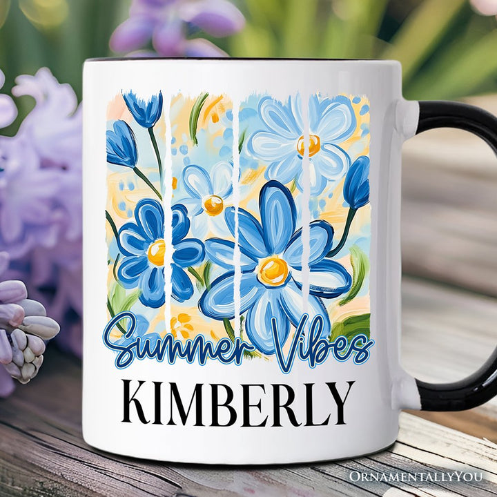 Summer Vibes Brushsroke Flowers Personalized Mug, Aesthetic Gift with Custom Name Personalized Ceramic Mug OrnamentallyYou Black Handle Customized 