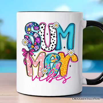 Summer Vibes Retro Floral Mug, Coastal Beach Gift Personalized Ceramic Mug OrnamentallyYou Black Handle Non-Custom 