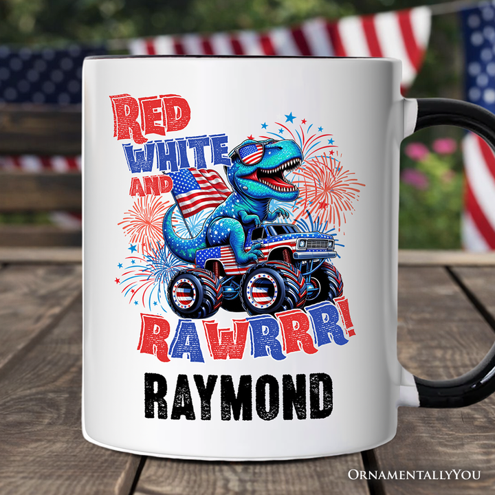 Patriotic Dinosaur Monster Truck Personalized Mug, Red White and Rawrr 4th of July Gift with Custom Name