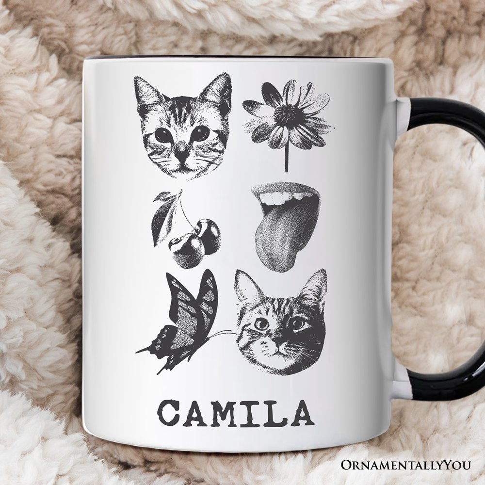 Dangerous Elements Grunge Tattoo Style Personalized Mug, Photocopy Stipple Collage Art Gift with Custom Name Personalized Ceramic Mug OrnamentallyYou White - Black Customized 