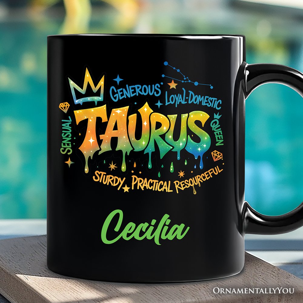 Taurus Graffiti Zodiac Personalized Mug, Street Style Astrology Horoscope Gift with Custom Name Personalized Ceramic Mug OrnamentallyYou Black Customized 