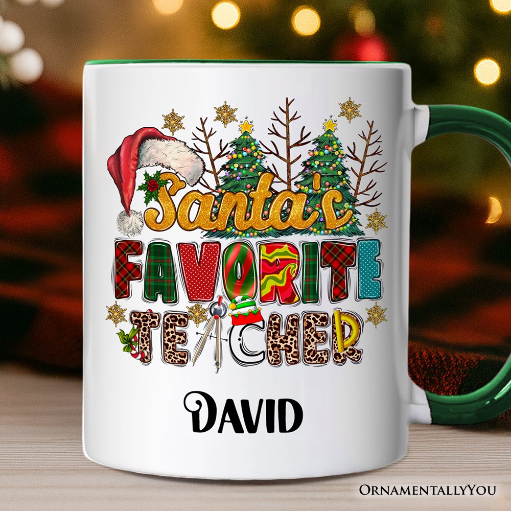 Santa’s Favorite Teacher Personalized Mug, Christmas Gift with Custom Name Personalized Ceramic Mug OrnamentallyYou White - Green Customized 
