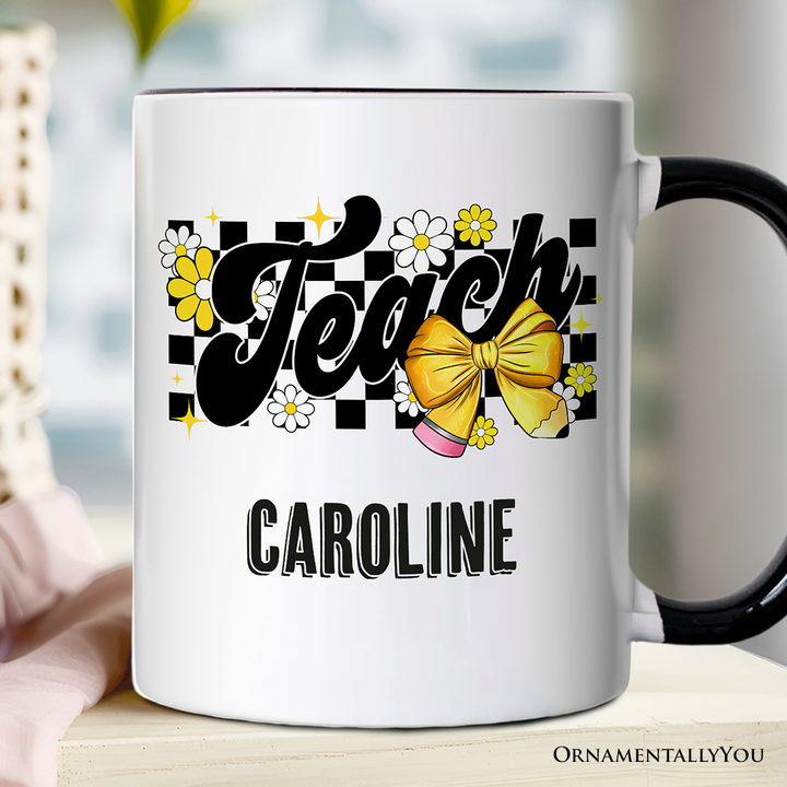 Teach Checkered Coquette Bow Personalized Mug, Retro Gift for Trendy Teachers with Custom Name