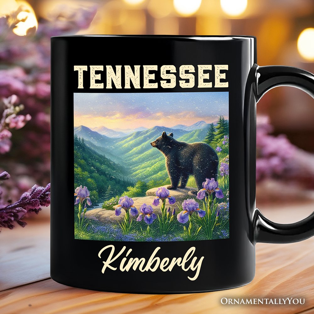 Scenic Tennessee State Great Smoky Mountains Personalized Mug, Black Bear and Wildflower Nature Gift and Travel Souvenir with Custom Name Personalized Ceramic Mug OrnamentallyYou Black Customized 