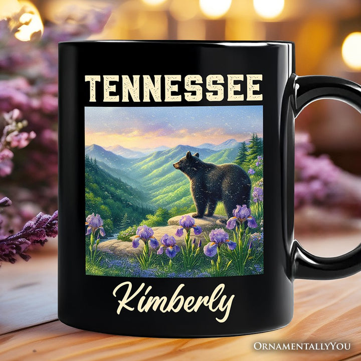Scenic Tennessee State Great Smoky Mountains Personalized Mug, Black Bear and Wildflower Nature Gift and Travel Souvenir with Custom Name Personalized Ceramic Mug OrnamentallyYou Black Customized 