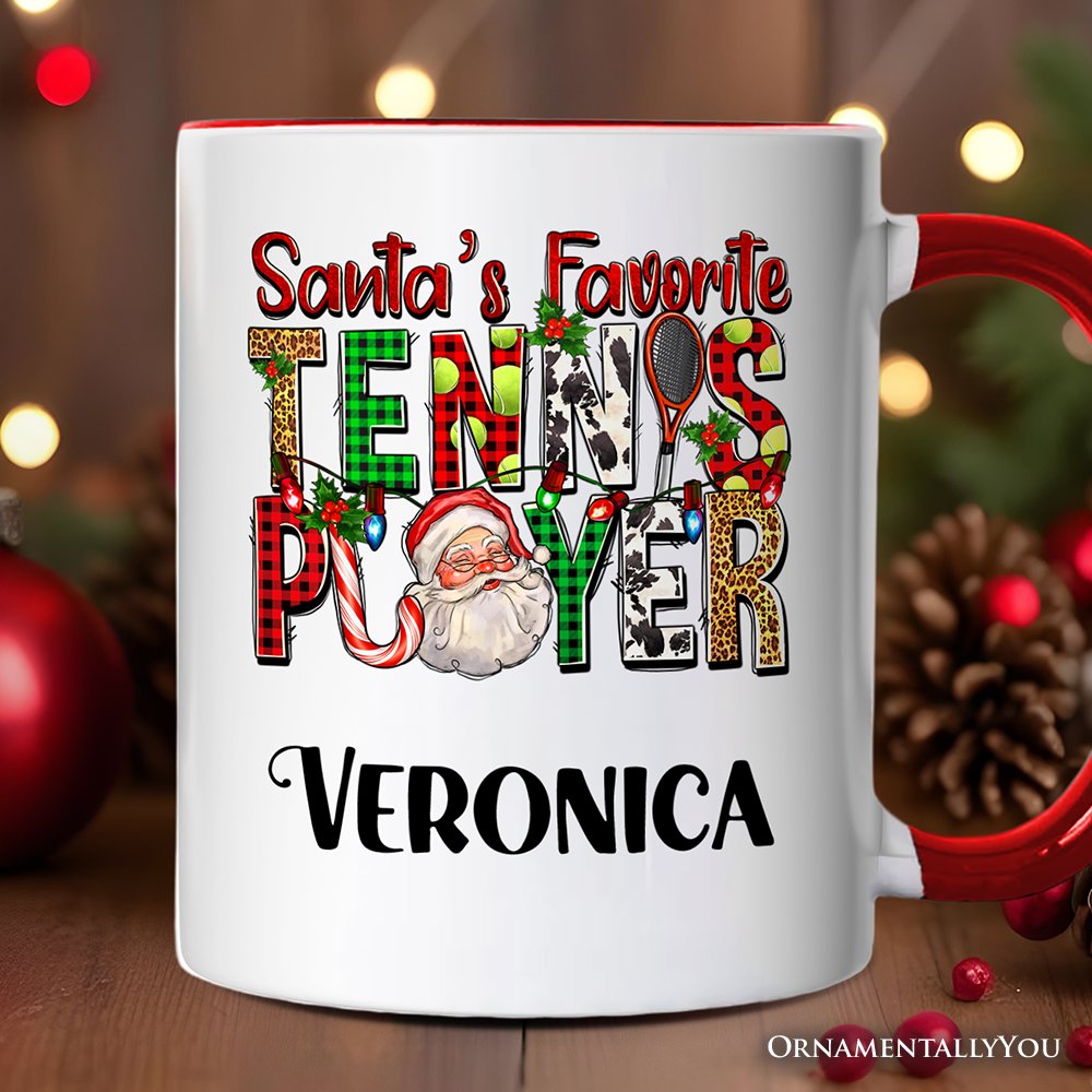 Santa’s Favorite Tennis Player Personalized Mug, Plaid Christmas Athelete Gift with Custom Name Personalized Ceramic Mug OrnamentallyYou White - Red Customized 