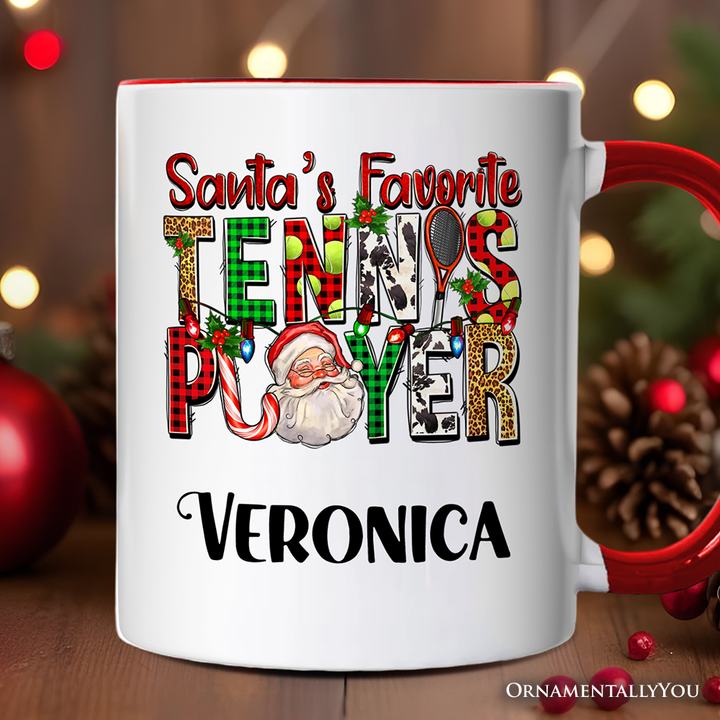 Santa’s Favorite Tennis Player Personalized Mug, Plaid Christmas Athelete Gift with Custom Name