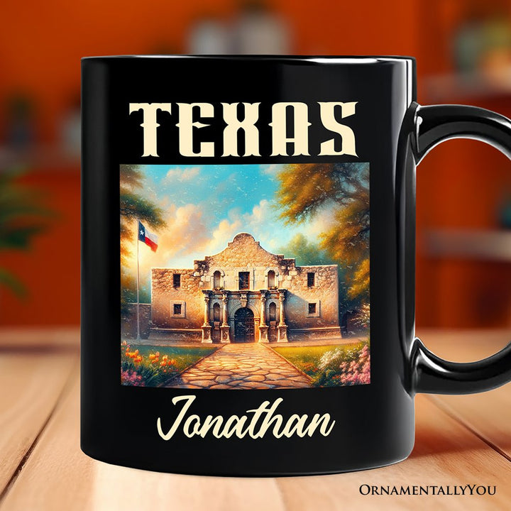 Rustic Texas State Alamo Personalized Mug, American Western Charm Gift and San Antonio Historical Souvenir with Custom Name Personalized Ceramic Mug OrnamentallyYou Black Customized 