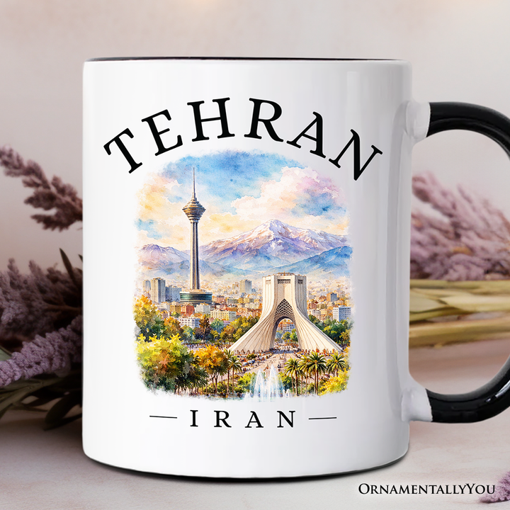 Watercolor Tehran Cityscape Mug, Iran Landmarks Azadi and Milad Tower Gift