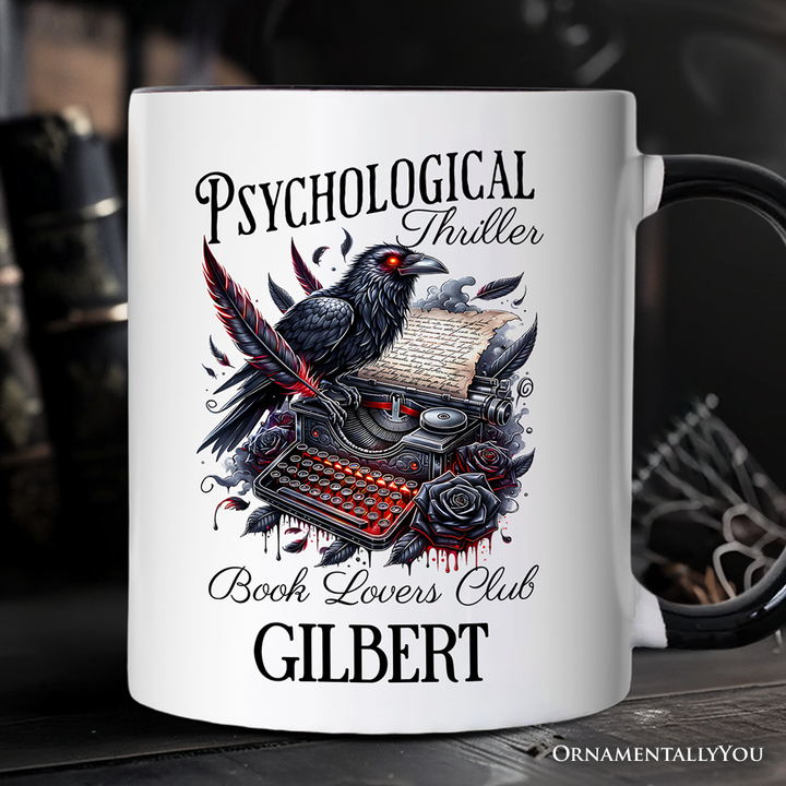 Psychological Thriller Book Lovers Club Personalized Mug, Gothic Raven Typewriter Bookish Gift with Custom Name