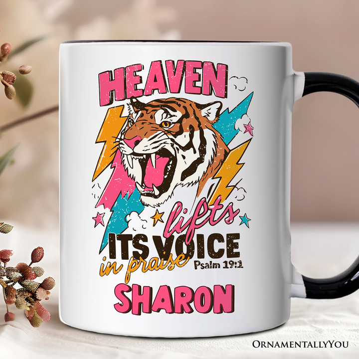 Heaven Lifts its Voice in Praise Christian Personalized Mug, Tiger Psalm 19:1 Bible Verse Gift with Custom Name