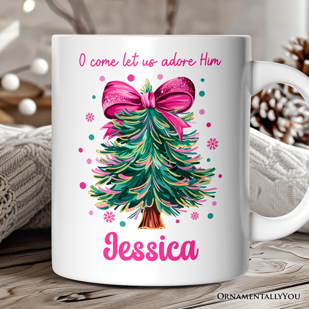Glitter Christmas Tree Coquette Bow Personalized Mug, O Come Let Us Adore Him Holiday Gift with Custom Name Personalized Ceramic Mug OrnamentallyYou White Customized 