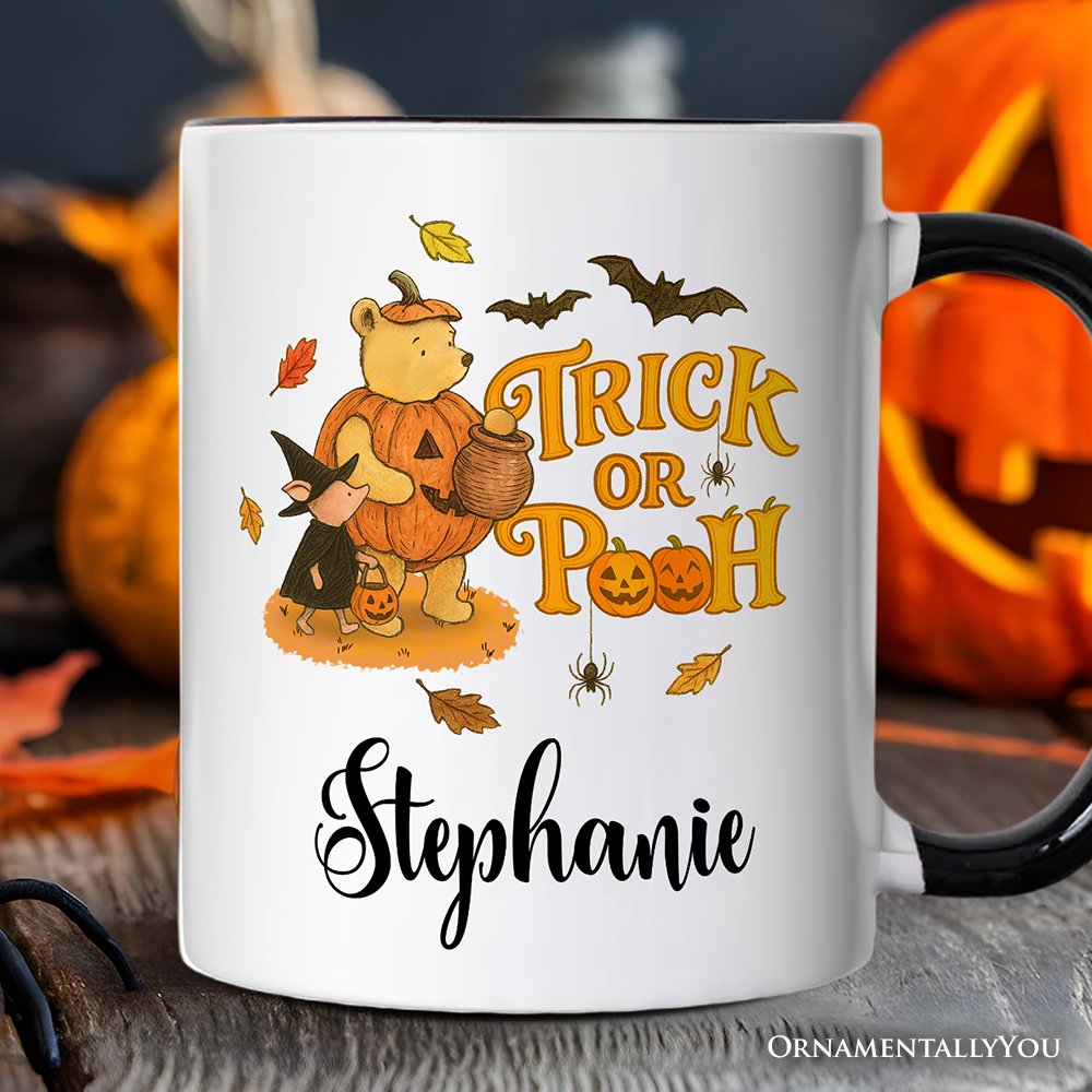 Vintage Trick or Pooh Personalized Mug, Pooh Bear and Friends in Halloween Costume Gift with Custom Name Personalized Ceramic Mug OrnamentallyYou White - Black Customized 