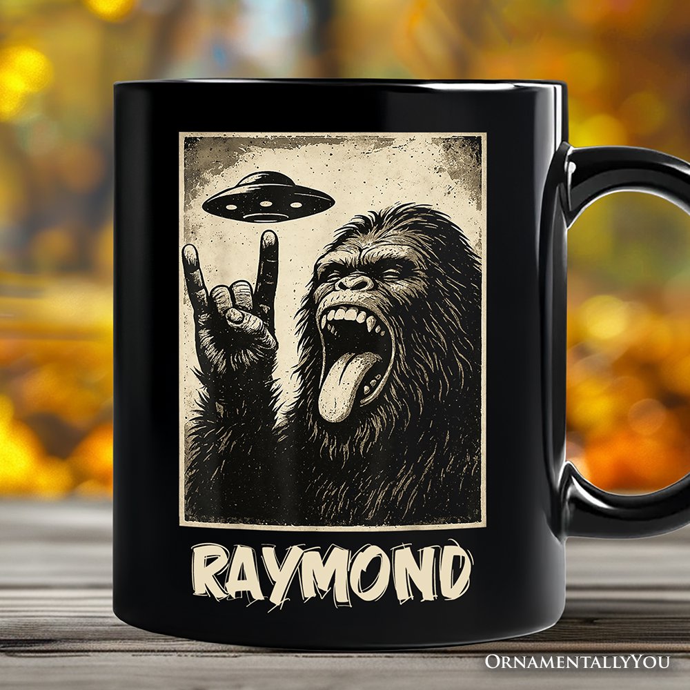 Bigfoot UFO Funny Personalized Mug, Rock and Roll Sasquatch Meme Gift with Custom Name Personalized Ceramic Mug OrnamentallyYou Black Customized 