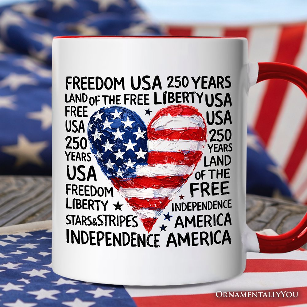 USA 250 Heart Patriotic Mug, Retro 4th of July Gift Personalized Ceramic Mug OrnamentallyYou Red Handle Non-Custom 