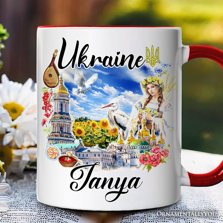 Artistic Ukraine Vintage Personalized Mug, Traditional Gift and Souvenir with Custom Name Personalized Ceramic Mug OrnamentallyYou White - Red Customized 