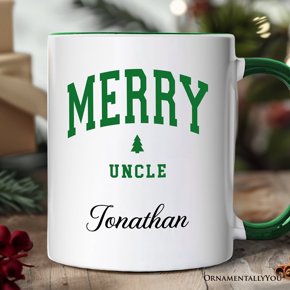 Merry Uncle Retro Christmas Personalized Mug, Matching Family Holiday Gift with Custom Name Personalized Ceramic Mug OrnamentallyYou White - Green Customized 