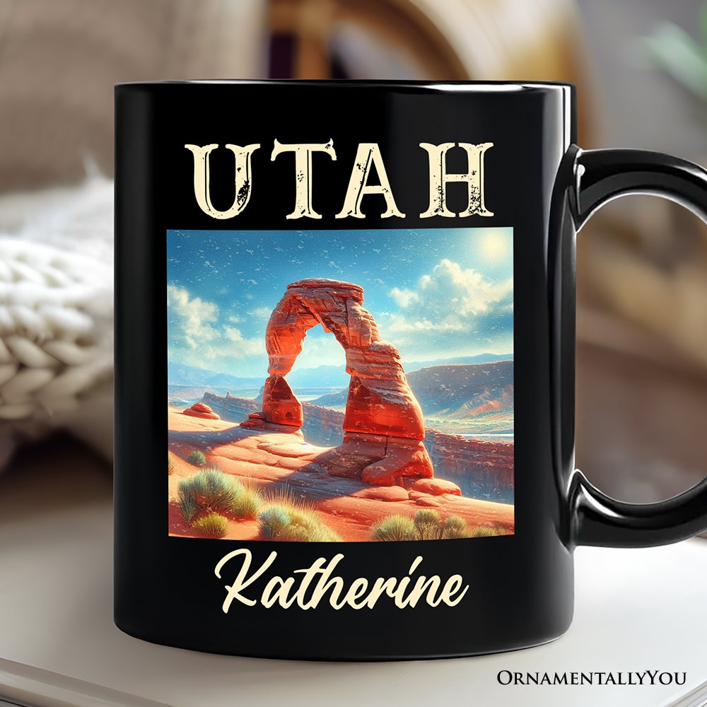 Iconic Delicate Arch Utah State Personalized Mug, Arches National Park Landscape Gift and Western Nature Souvenir with Custom Name Personalized Ceramic Mug OrnamentallyYou Black Customized 