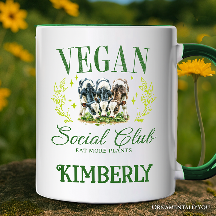 Vegan Social Club Personalized Mug, Cute Plant Based Vegetarian Animal Lover Gift with Custom Name