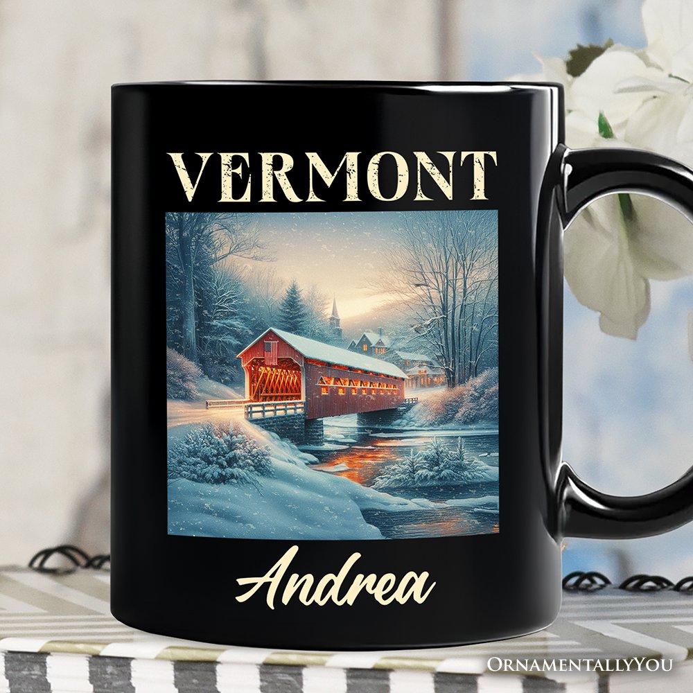 Rustic Red Covered Bridge Vermont State Personalized Mug, New England Historical Gift and Travel Souvenir with Custom Name Personalized Ceramic Mug OrnamentallyYou Black Customized 