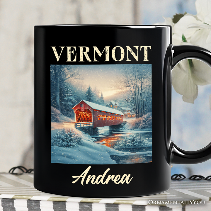Rustic Red Covered Bridge Vermont State Personalized Mug, New England Historical Gift and Travel Souvenir with Custom Name