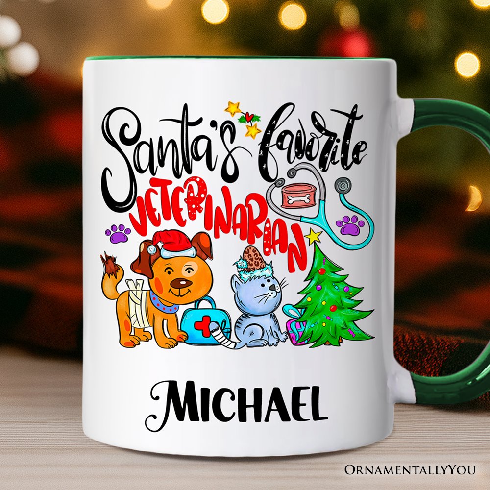 Santa's Favorite Veterinarian Personalized Mug, Veterinary Appreciation Gift with Custom Name Personalized Ceramic Mug OrnamentallyYou Green Handle Customized 