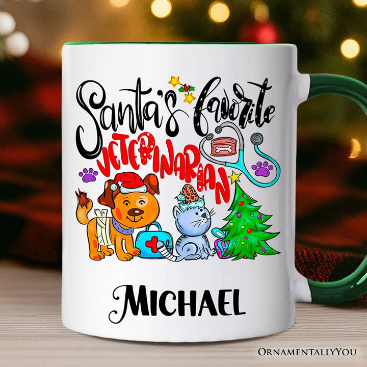 Santa's Favorite Veterinarian Personalized Mug, Veterinary Appreciation Gift with Custom Name Personalized Ceramic Mug OrnamentallyYou Green Handle Customized 