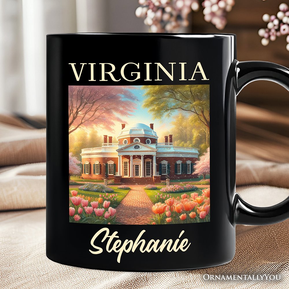Classic Virginia State Jefferson’s Monticello Personalized Mug, Southern Charm Gift and American History Keepsake with Custom Name Personalized Ceramic Mug OrnamentallyYou Black Customized 