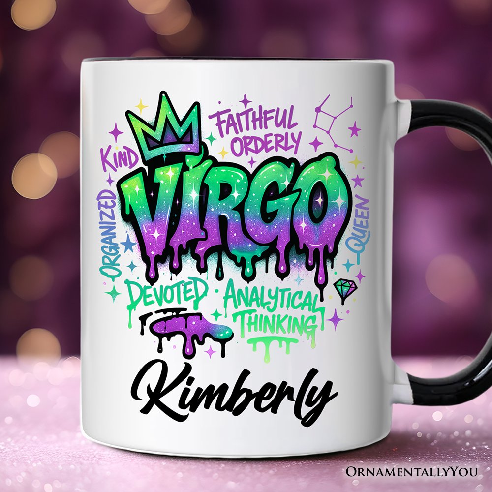 Virgo Graffiti Zodiac Personalized Mug, Street Style Astrology Horoscope Gift with Custom Name Personalized Ceramic Mug OrnamentallyYou Black Handle Customized 