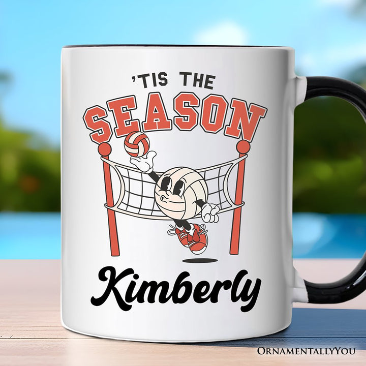 Tis the Season Volleyball Personalized Mug, Retro Vintage Game Day Sports Gift with Custom Name Personalized Ceramic Mug OrnamentallyYou Black Handle Customized 