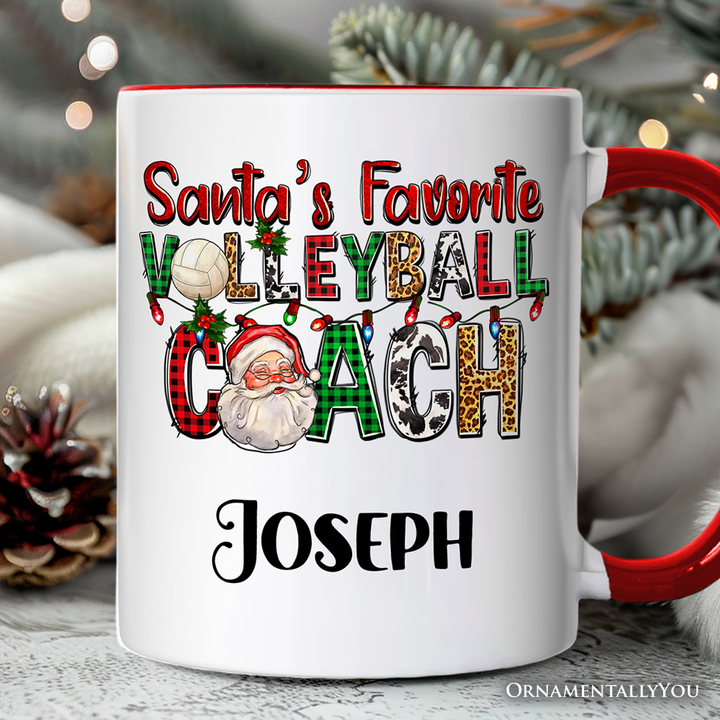 Santa’s Favorite Volleyball Coach Personalized Mug, Plaid Christmas Sports Gift with Custom Name