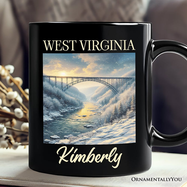 Scenic West Virginia State New River Gorge Bridge Personalized Mug, Landscape Appalachian Gift and Souvenir with Custom Name Personalized Ceramic Mug OrnamentallyYou Black Customized 
