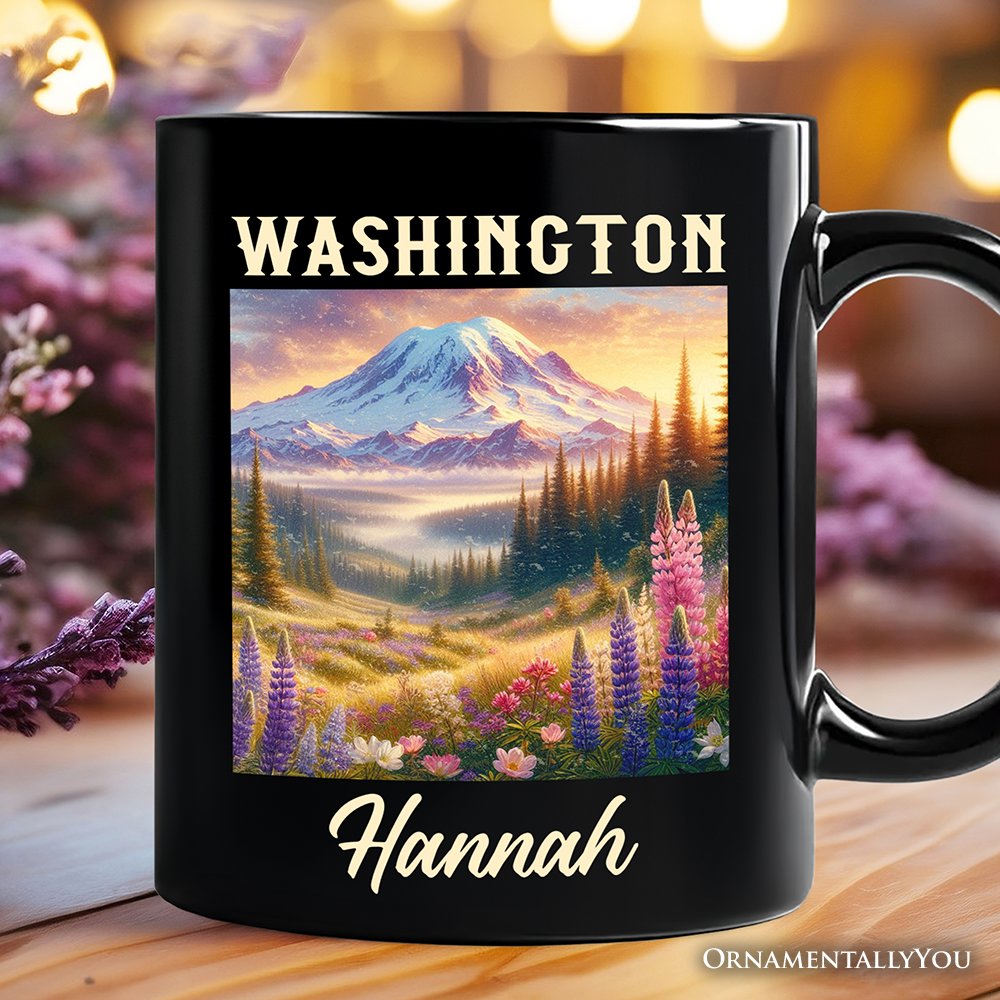 Artistic Mount Rainier Washington State Personalized Mug, National Park Gift and Pacific Northwest Souvenir with Custom Name Personalized Ceramic Mug OrnamentallyYou Black Customized 