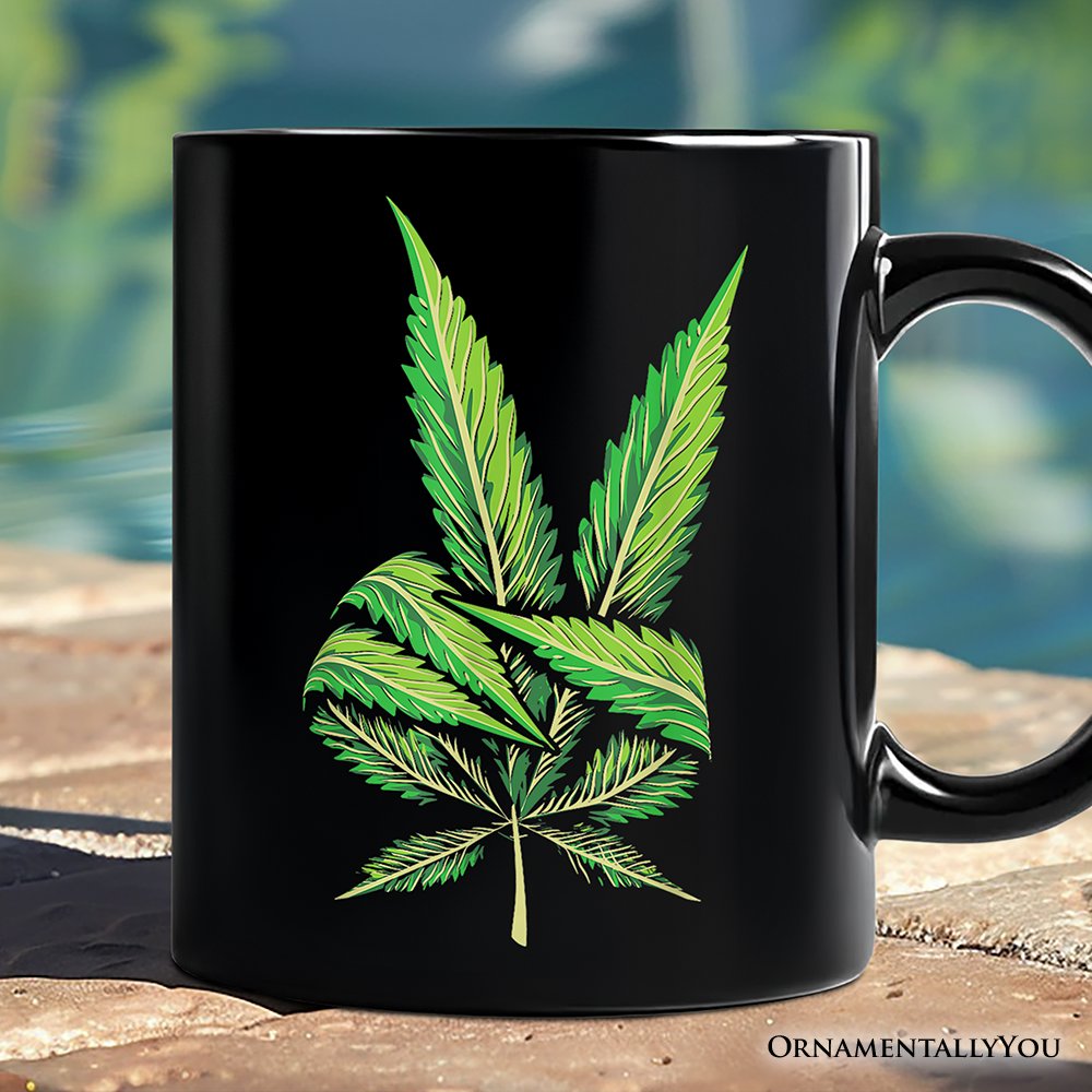 Weed Leaf Peace Sign Mug, Funny 420 Stoner Gift Personalized Ceramic Mug OrnamentallyYou Black Non-Custom 