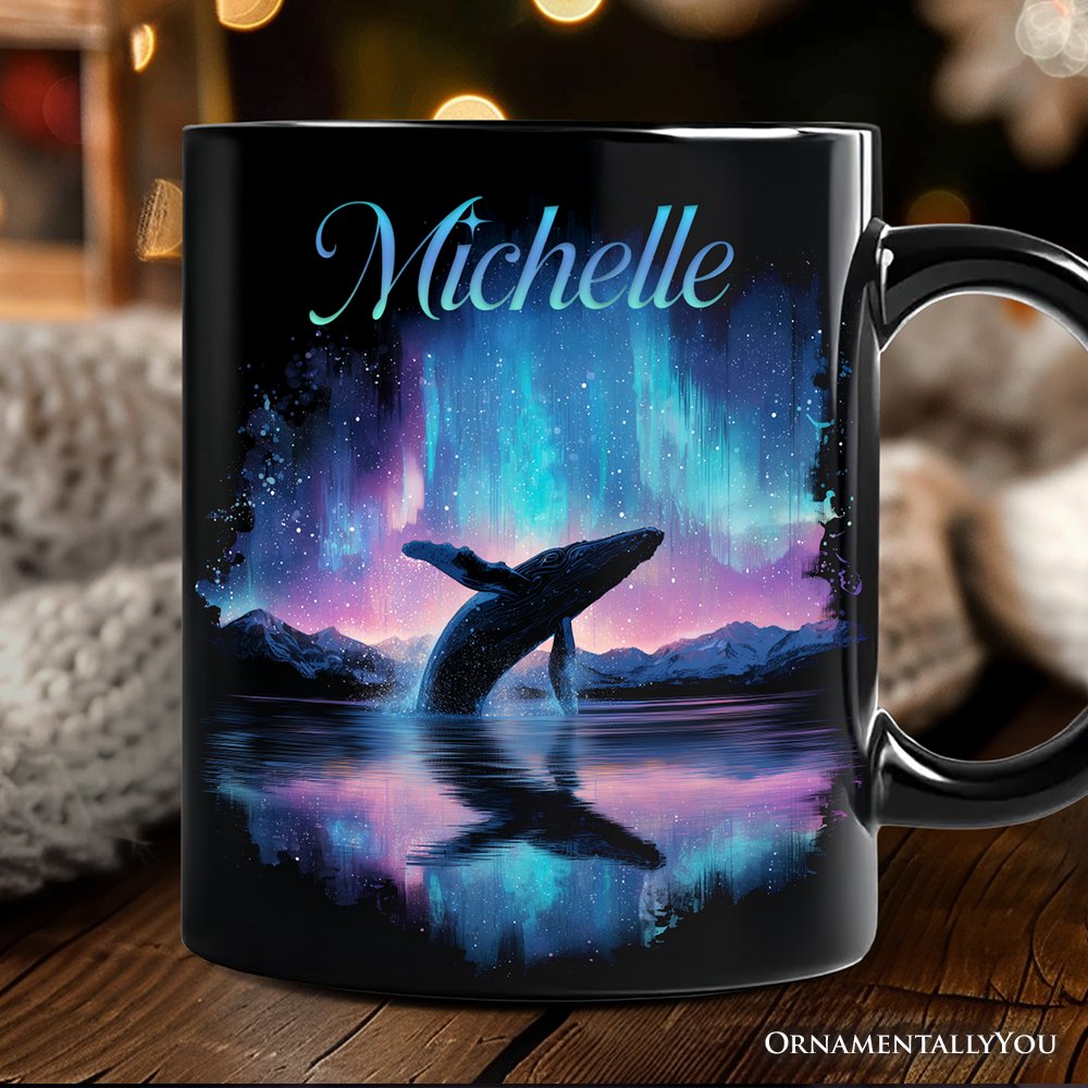 Ocean Aurora Whale Personalized Mug, Northern Lights Wildlife Gift with Custom Name Personalized Ceramic Mug OrnamentallyYou Black Customized 