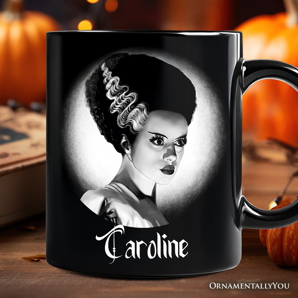 Frankenstein's Bride Spooky Portrait Personalized Mug Horror Villain Theme Halloween Gift with Custom Name Personalized Ceramic Mug OrnamentallyYou Black Customized 