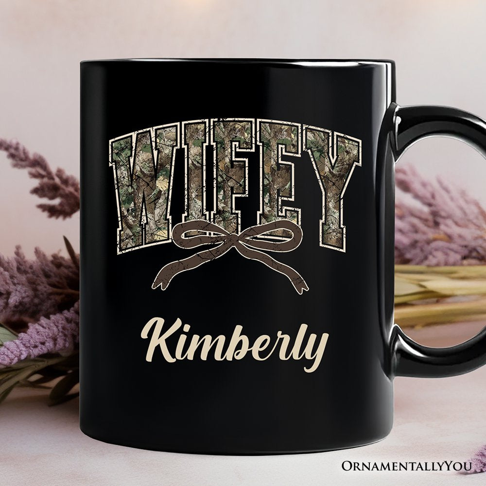 Hunting Wifey Camo Varsity Personalized Mug, Country Wife Bow Gift with Custom Name Personalized Ceramic Mug OrnamentallyYou Black Customized 