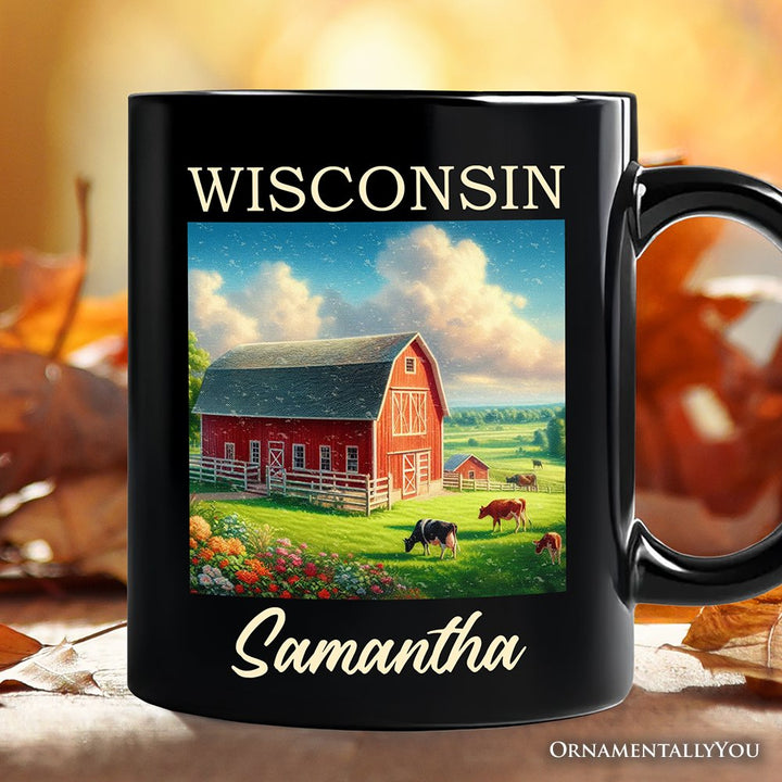 Vintage Wisconsin Farm Landscape Personalized Mug, Midwest Red Barn Gift and Countryside Souvenir with Custom Name Personalized Ceramic Mug OrnamentallyYou Black Customized 