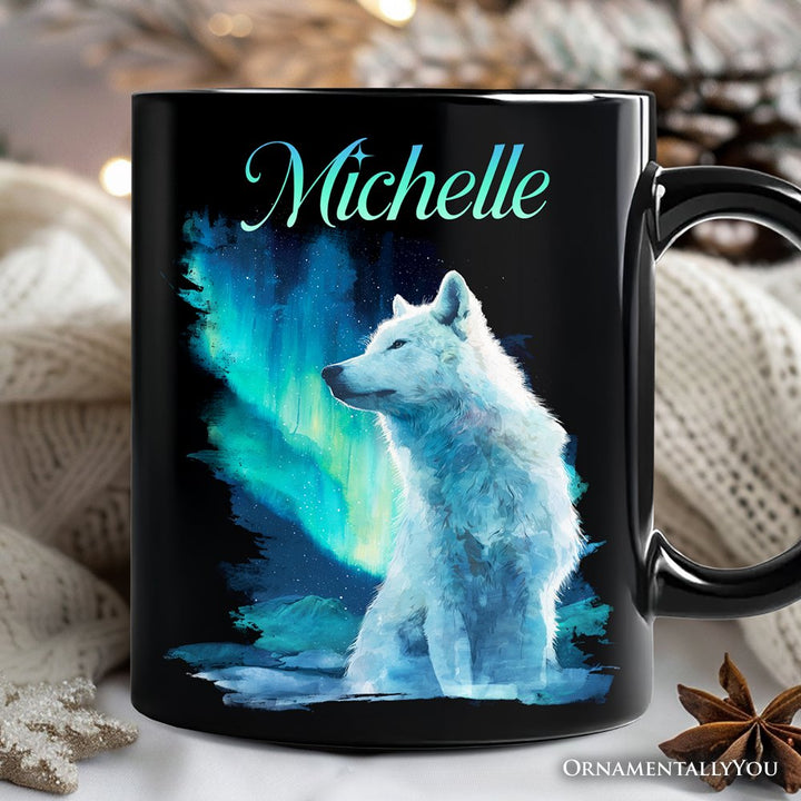 Wild Aurora White Wolf Personalized Mug, Northern Lights Arctic Wolf Gift with Custom Name Personalized Ceramic Mug OrnamentallyYou Black Customized 