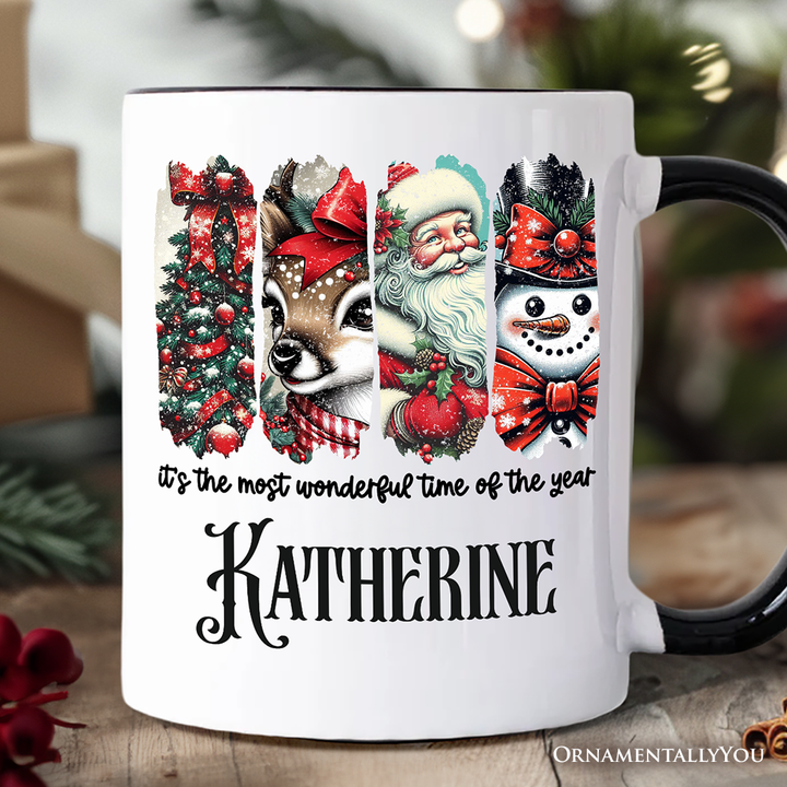 It's the Most Wonderful Time of The Year Personalized Mug, Reindeer, Santa, Snowman Vintage Gift with Custom Name