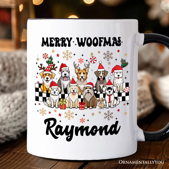 Merry Woofmas Dog Mama Personalized Mug, Dogs With Santa Hats Christmas Gift with Custom Name